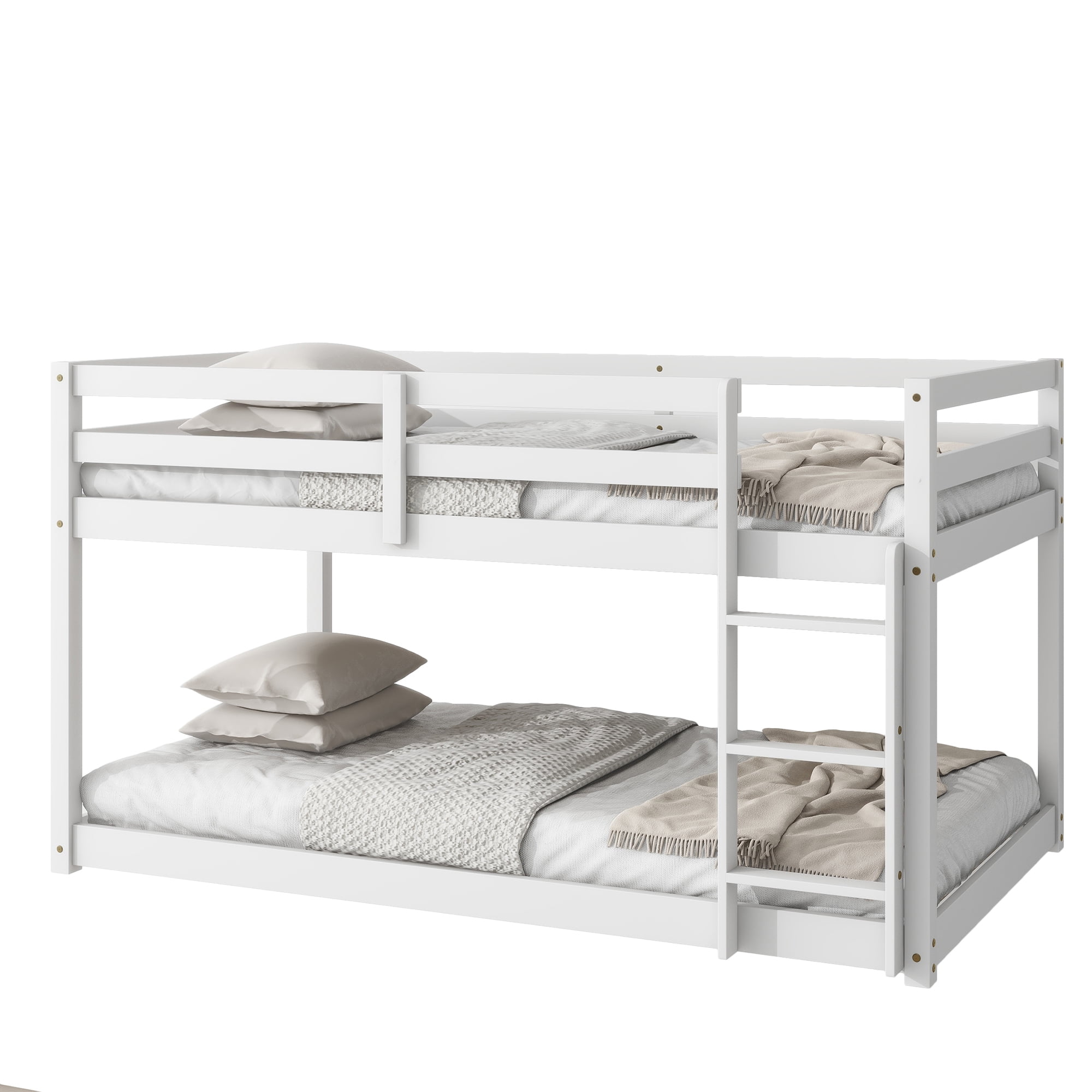 Leumius Twin over Twin Floor Bunk Bed with Ladder ,Upper and Bottom Bed Platforms Crafted with Strengthened Slats for Boys Girls White