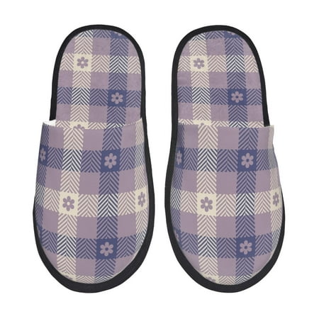 Balery Purple Floral Gingham Check Plaid Slient Indoor Furry Fleece Comfort House Shoes Soft Non-Slip Home Shoes Cotton slippers House Slippers-- Medium