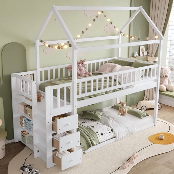 Bellemave Bunk Bed with Storage Drawers, Twin Over Twin Low Bunk Bed with Shelves, Wood House Floor Bunk Beds with Safety Guardrail and Ladder, Space Saving for Dormitory and Bedroom(White)