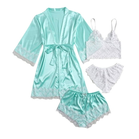 

QENGING Womens Sleepwear Clearance Plus Size Lingerie Silk Robe Satin Bathrobe 4 piece Nightgowns Pajamas