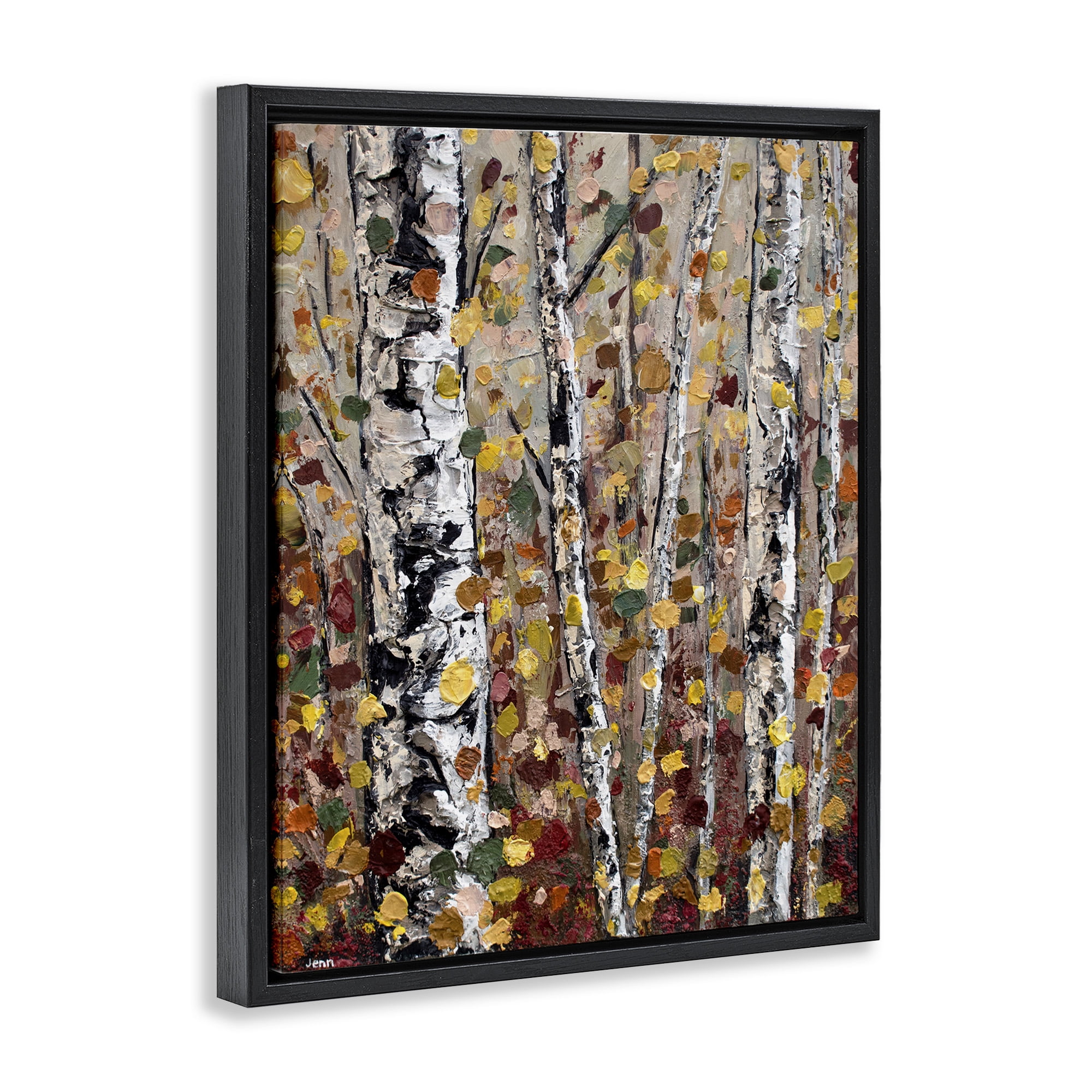 Stupell Industries Autumn Birch Trees Abstract Leaves Landscape Painting Black Floater Framed Art Print Wall Art