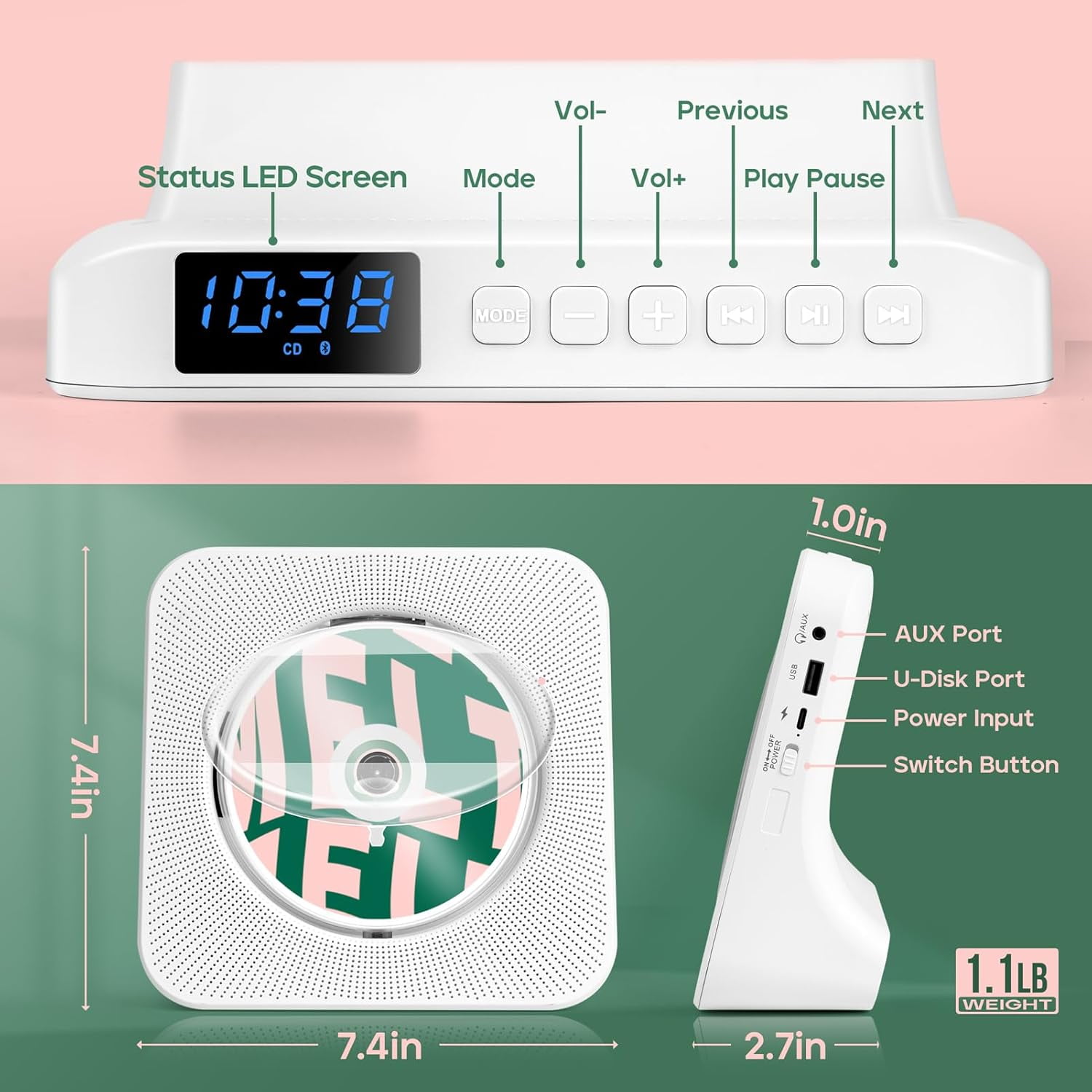 SONGAUN Portable CD Player for Home, ROADOM CD Players with Speakers, CD Player for Kids, Combo with Bluetooth/FM Radio/Stereo Sound/Remote Control/USB Drive/AUX/Timer/Repeat