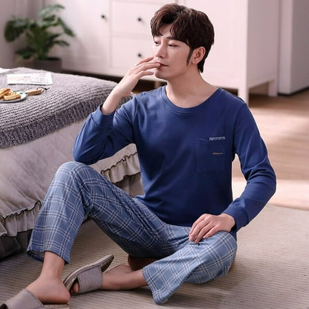 

PIKADINGNIS Mens Pajamas Set Spring Autumn Leisure Elastic Waist Men Sleepwear Cotton Mens Long Sleeve Nightwear Top Long Men Home Cloth
