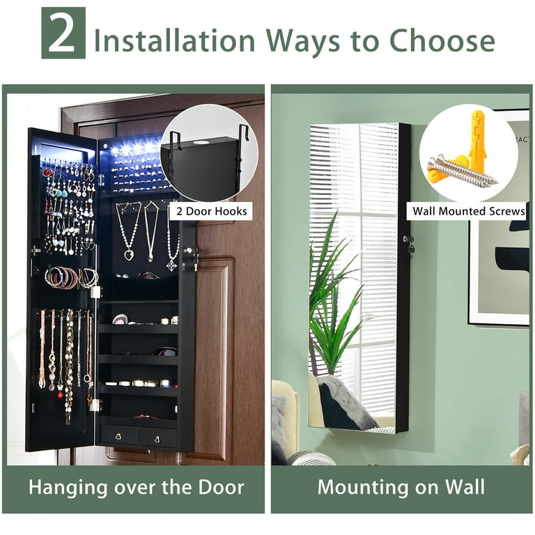 Wall/Door Mounted Jewelry Cabinet Full Screen Mirror Armoire 