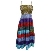 Mogul Womens Sundress Speghatti Strap Patchwork Printed Colorful Smocked Bodice Long Dress