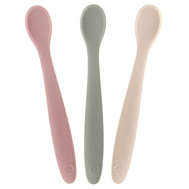 Cucharas de silicona para bebés: cucharas de alimentación para bebés de primera etapa con punta suave, utensilios para bebés flexibles para padres y autoalimentación, ultra duraderas y resistentes a la masticación, aptas para lavavajillas, juego de 3 Verde mate, rosa, blanquecino