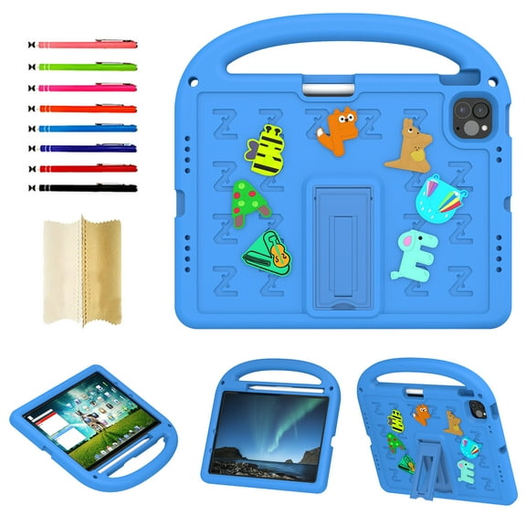 for iPad Air 6th Gen 11" 2024 M2 Silicone Kids Friendly Shockproof Cute Case with Handle Grip, Heavy Duty Multiple Angles Kickstand Rugged Cover for iPad Pro 11" 2024 M4 5th Gen, Blue