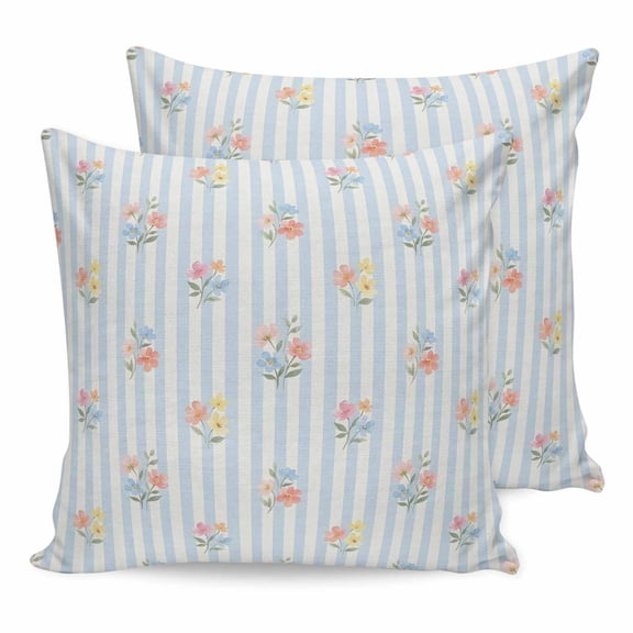 Pillow Covers 24x24 Set of 2, Pink Spring Floral Throw Pillow Covers Decorative Couch Cushion Cover, Blue Striped Farmhouse Art Elegant Microfiber Soft Square Pillowcases for Bedroom Living Room Sofa