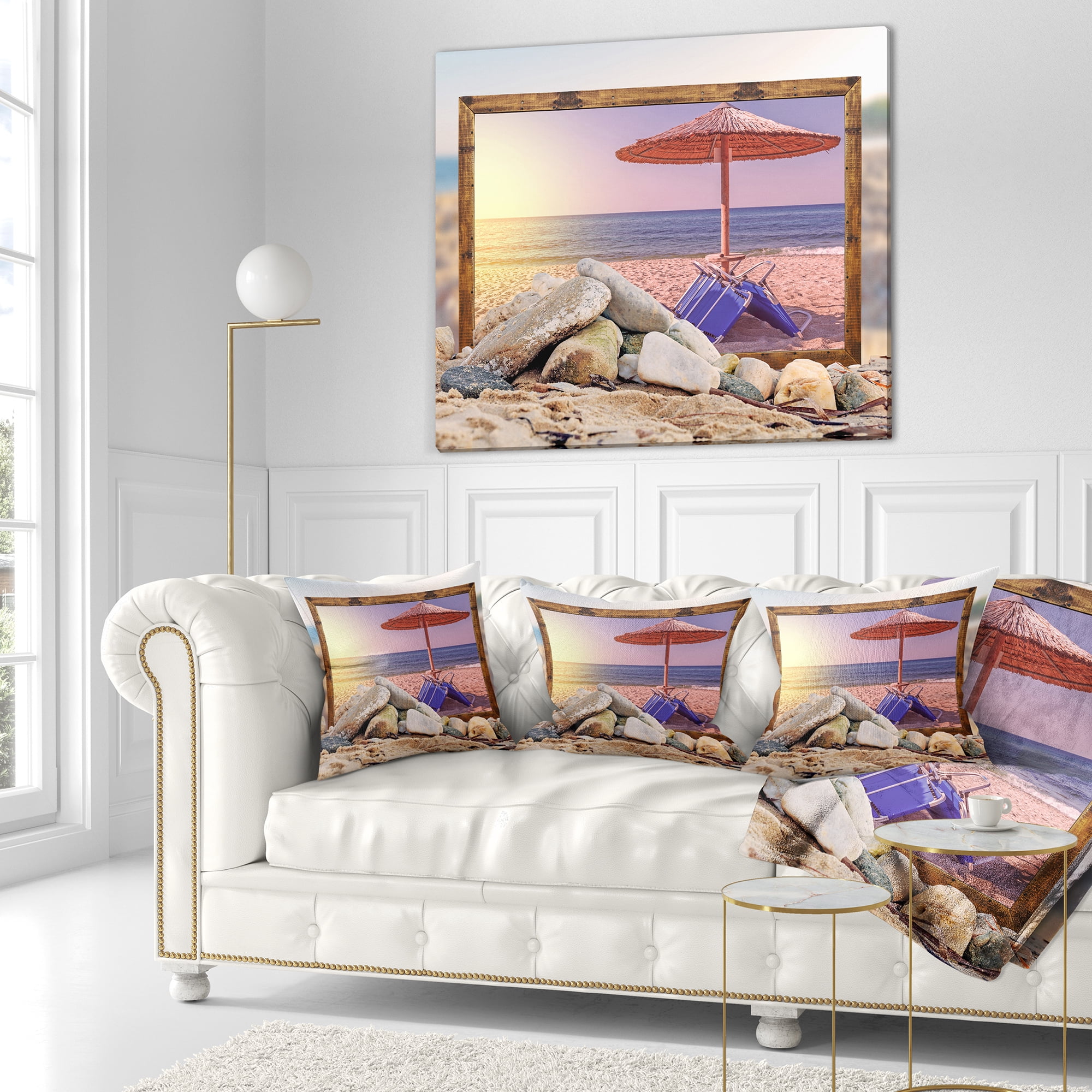 Designart Framed Effect Beach Sunset - Seashore Throw Pillow - 18x18