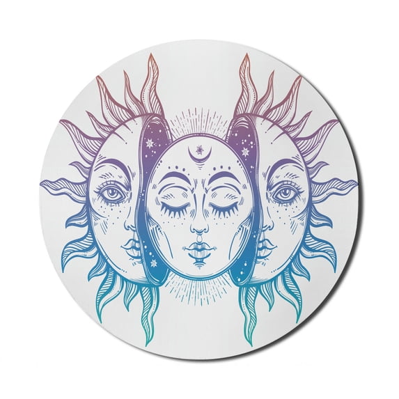 Moon Mouse Pad for Computers, Psychedelic Representation Heavenly Bodies Faces Eastern Oriental Inspired Image, Round Non-Slip Thick Rubber Modern Mousepad, 8" Round, Lilac Blue White, by Ambesonne