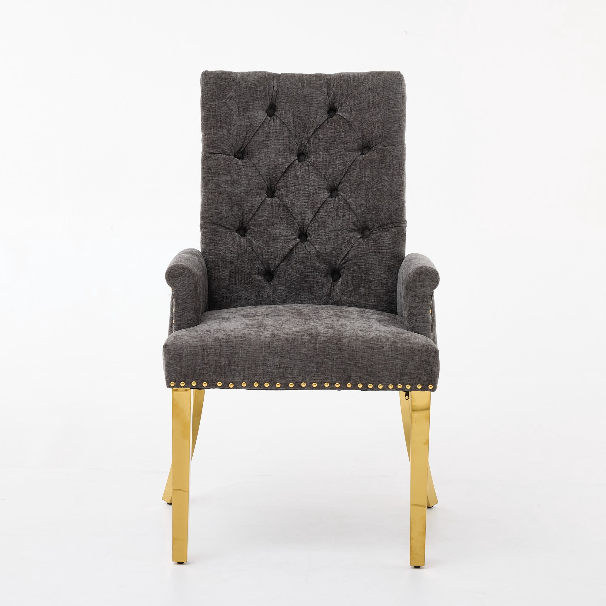 GARITIN Upholstered Dining Chair with Arms, Tufted Button High Back Accent Chair with Nailhead Trim and Stainless Steel Legs, Gray