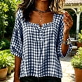 thumbnail image 4 of Yrmaups Women Plus Size Square Neck 3/4 Sleeve Blouse, Loose Fit Button Plaid Top, Soft Casual Tee for Summer Office Daily Wear, Navy 3XL, 4 of 5