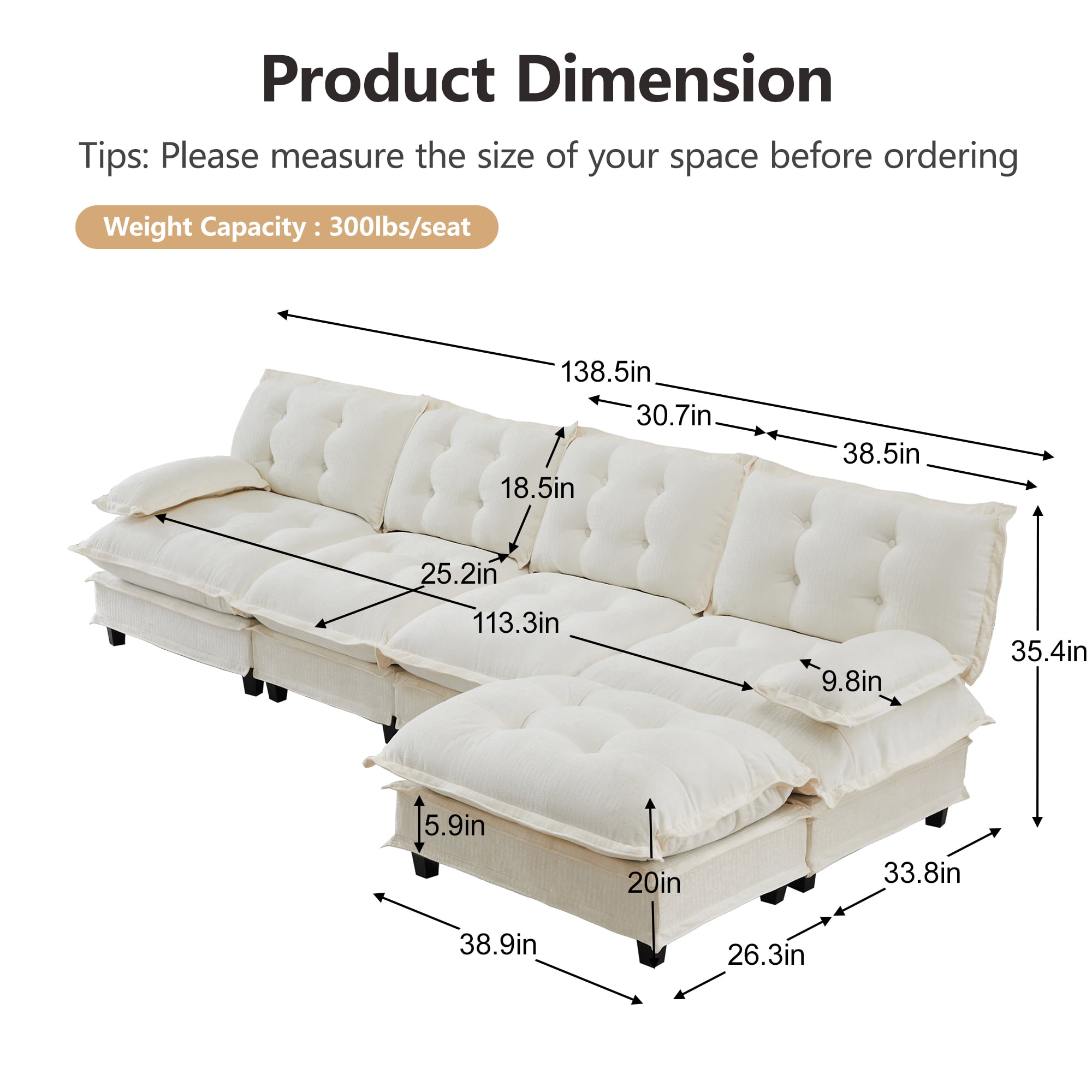 AISWORD 138" L-Shaped Modular Sectional Cloud Sofa with Ottoman, Chenille Fabric Deep Seat Couch with Lattice Decored Cushions