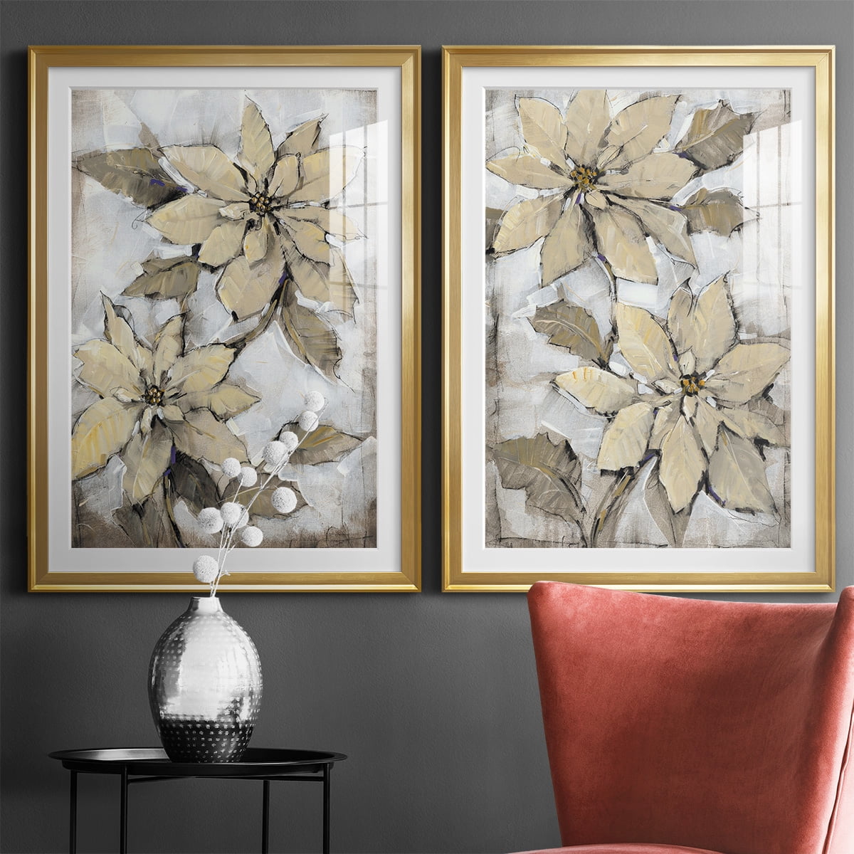 Wexford Home Poinsettia Study I Premium Framed Print, 18.5" x 24.5" - Ready to Hang, Gold (Set of 2)