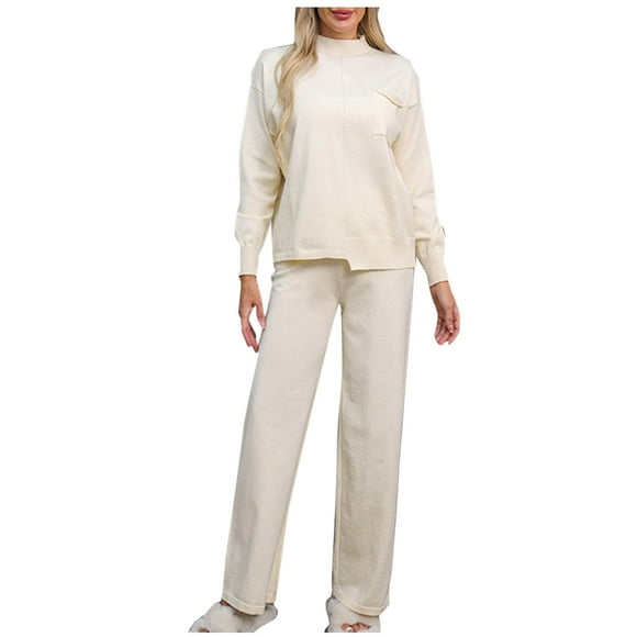 Women Knit Sweatsuit Turtleneck Sweater Tops and Wide Leg Pant 2 Piece Outfits Tracksuit Loungewear Sets Two Piece Running Suit Set S-157 Beige One Size