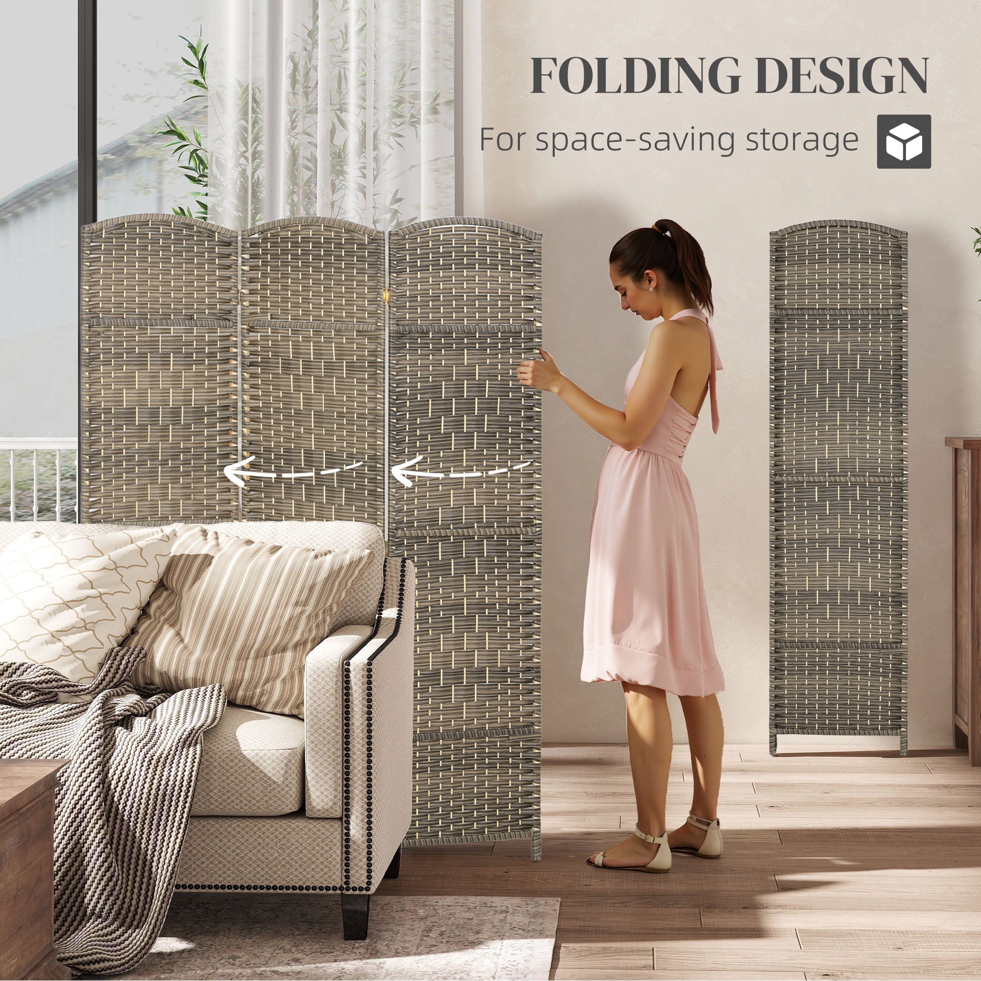 HOMCOM 3 Panel Room Divider, 6' Tall Folding Privacy Screen, Hand-Woven Freestanding Wood Partition for Home Office, Bedroom, Dark Rustic Oak