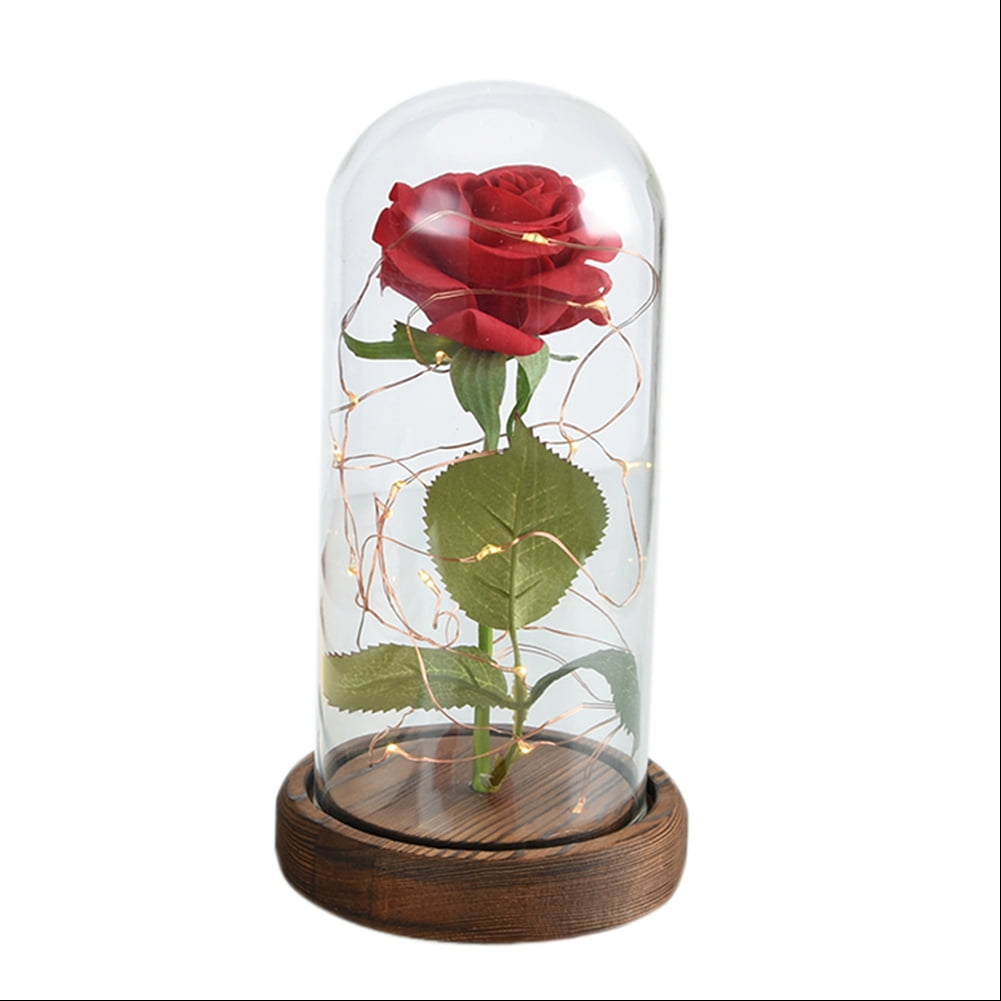 LED Lighted Beauty and the Beast Enchanted Rose In w/Remote Dome Glass Gift U4D8 