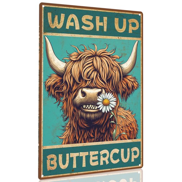 Ccparton Letrero De Metal Vintage Divertido Highland Cow Wash Up Baño Metal Estaño Cartel Para El Hogar Al Aire Libre Interior Oficina Bar Patio Decoración 8X12 Pulgadas
