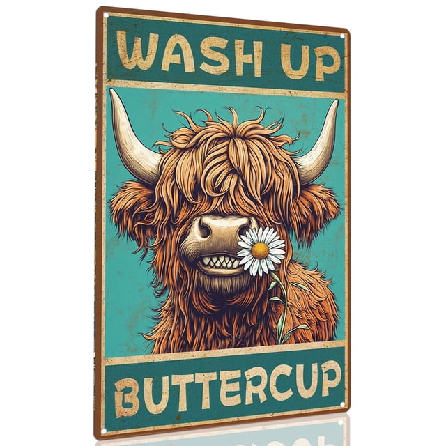 Ccparton Letrero De Metal Vintage Divertido Highland Cow Wash Up Baño Metal Estaño Cartel Para El Hogar Al Aire Libre Interior Oficina Bar Patio Decoración 8X12 Pulgadas