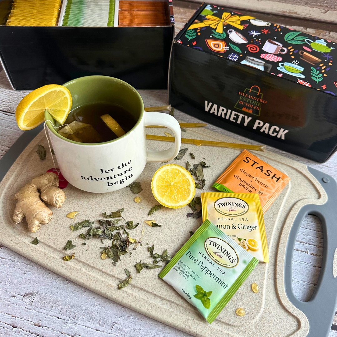 Ultimate Cold Buster Medicine Ball Tea Variety Set - Twinings Lemon & Ginger, Pure Peppermint Tea Bags, Stash Peach Ginger Tea with Matcha Green Tea Blend - 60pcs with Honey Sticks & Recipe eBook