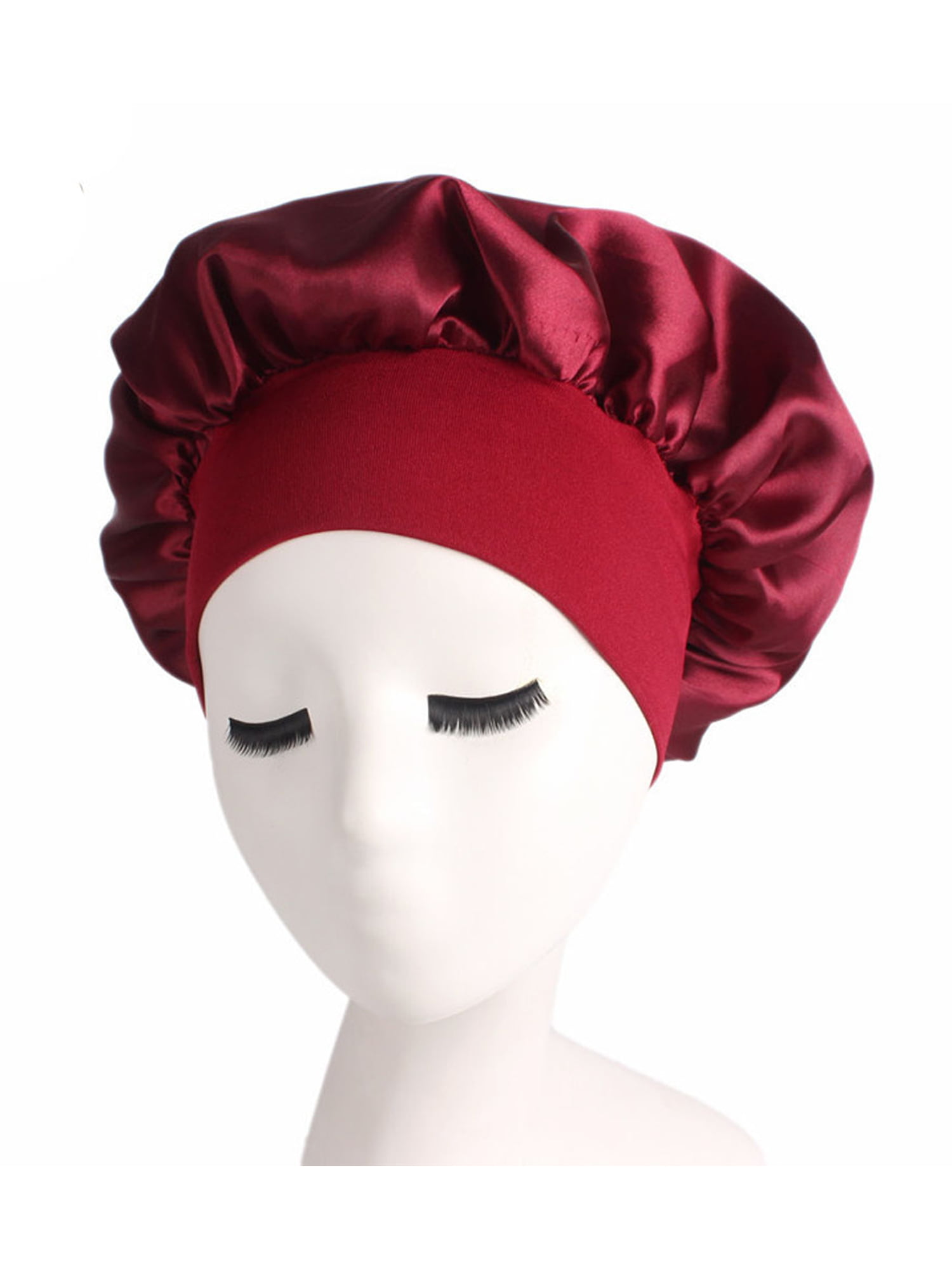Women Satin Bonnet Cap Night Sleep Hair Protect Head Cover Wide Band Adjust Hats 