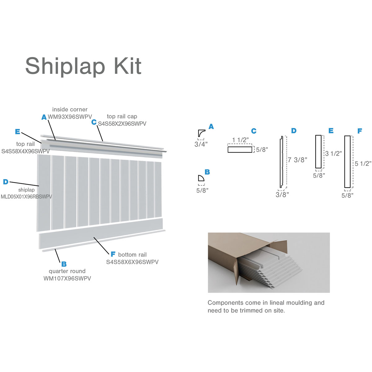 56" Height Deluxe Shiplap with a Nickel Gap 8' Length PVC Wainscoting Kit, (for heights up to 57-5/8")