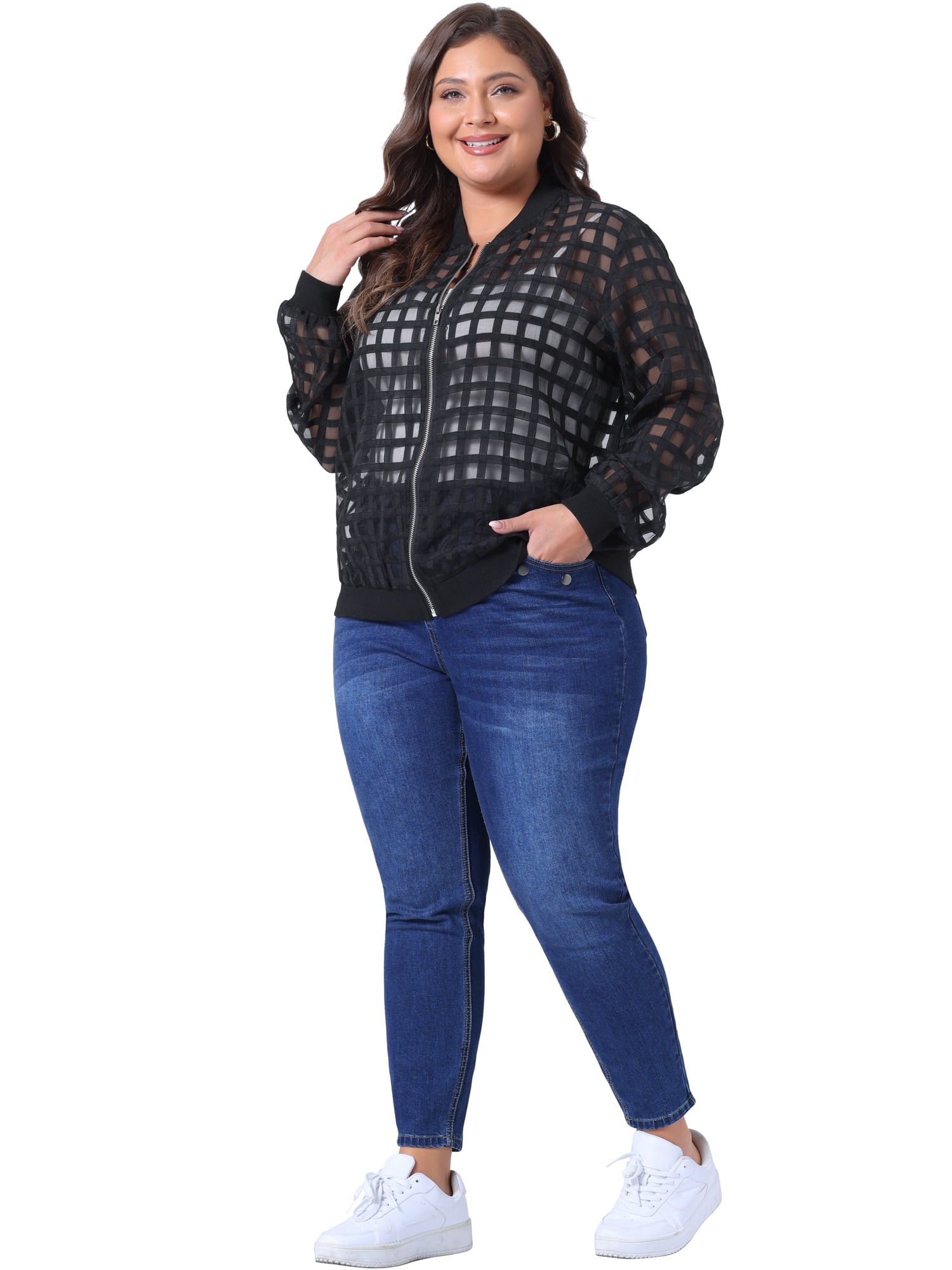 DARING DIVA Stylish Plus Size Mesh Sheer Zip Up Bomber Jacket 1X Black