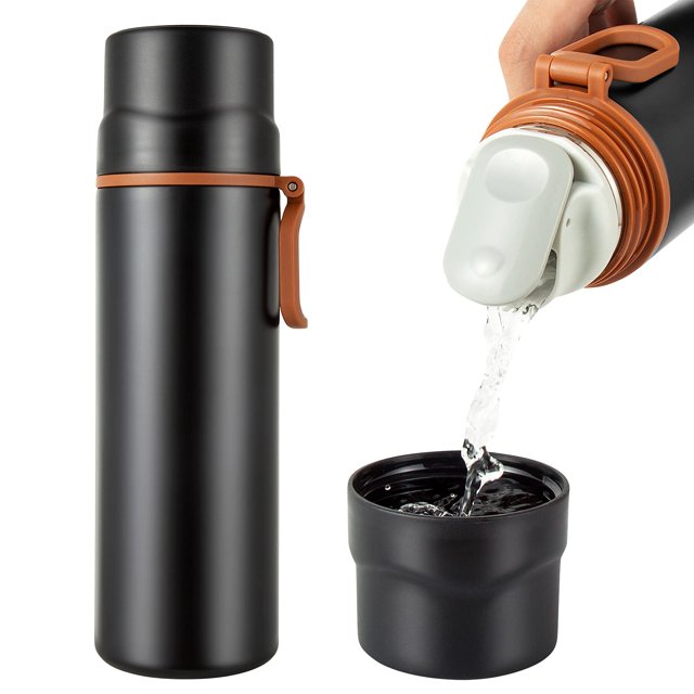 Botella de agua aislada: taza de café al vacío de acero inoxidable con asa, taza deportiva de doble pared aislada con tapa a prueba de fugas, se mantiene caliente durante 12 horas (Negro)