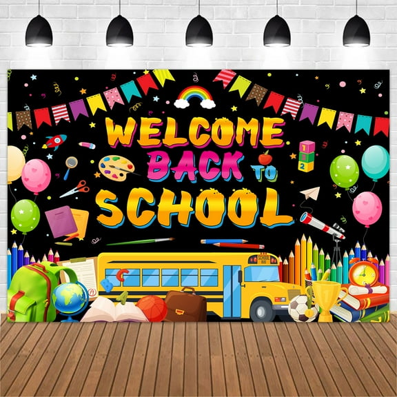 Welcome Back to School Backdrop, First Day of School Photography Background, Black Back to School Hanging Banner Decorations Poster Bulletin Board for School Classroom Office Supplies 7x5ft