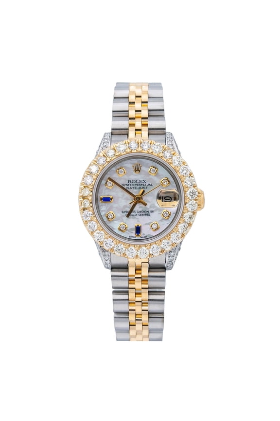 Pre-Owned Rolex Datejust 26MM 69173 Mother of Pearl Diamond Dial Diamond Bezel Two Tone Yellow Gold Jubilee Bracelet 2.75ct