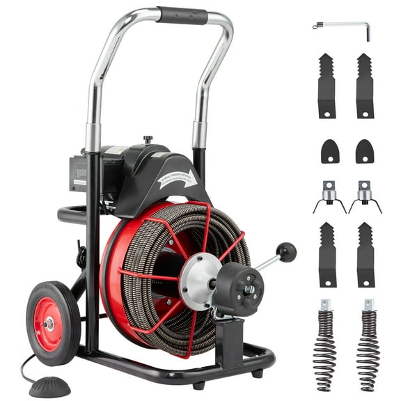 KFFKFF Drain Cleaner Machine, 100FT x 1/2 Inch with Auto Feed, 550W, Portable on Wheels, Includes 8 Cutters & Foot-operated Air Switch, Cleans 2"-4" Pipes