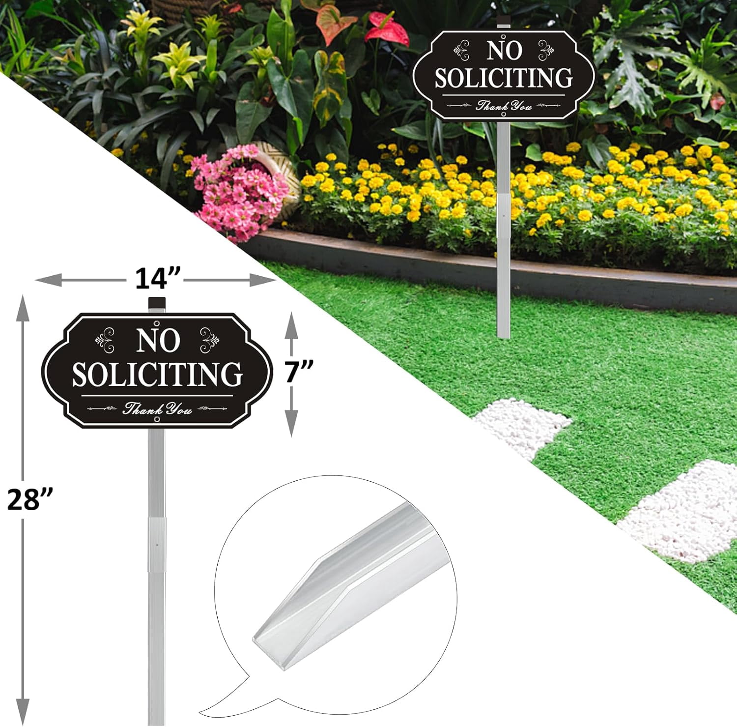 Heavy Duty No Soliciting Sign for House - All Metal Construction No Soliciting Yard Sign - 14" x 7" - Aluminum - with 28" Long Stake