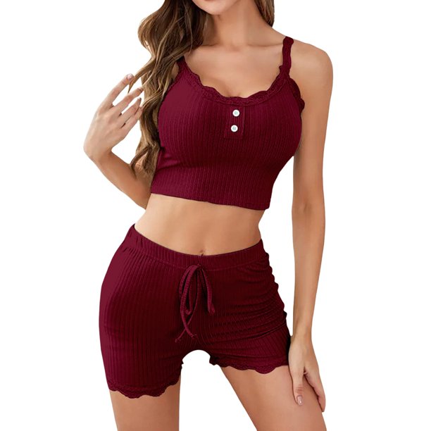 Gibobby pijama casual y cómodo Conjunto de pijamas y pantalones de pijama para mujer Conjunto de pijamas caseros estampados en color sólido de moda (Vino, XL)