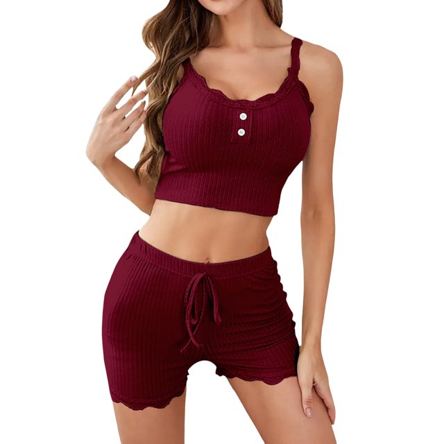 Gibobby pijama casual y cómodo Conjunto de pijamas y pantalones de pijama para mujer Conjunto de pijamas caseros estampados en color sólido de moda (Vino, XL)