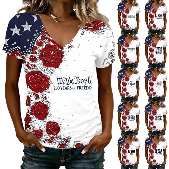 Iaqnaocc 4th Of July Womens Tops Patriotic Short Sleeve V Neck 250th Anniversary Usa Shirt Usa Flag American Flag Floral Print T-Shirt Independence Day Red White and Blue Tee Tops Blue M