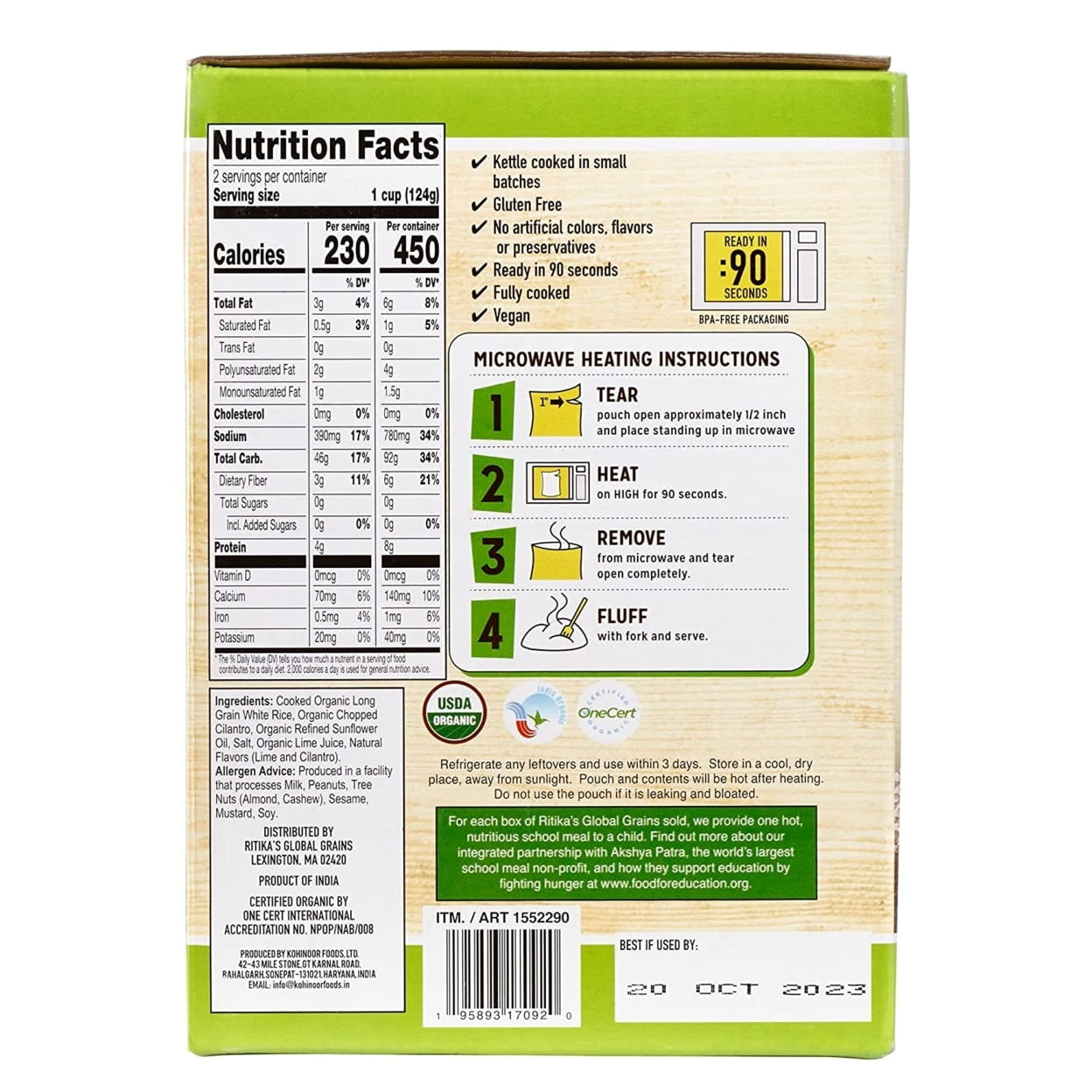 Rikitas Global Grains Organic Cilantro Lime Rice 8.8 Ounce (Pack of 6)