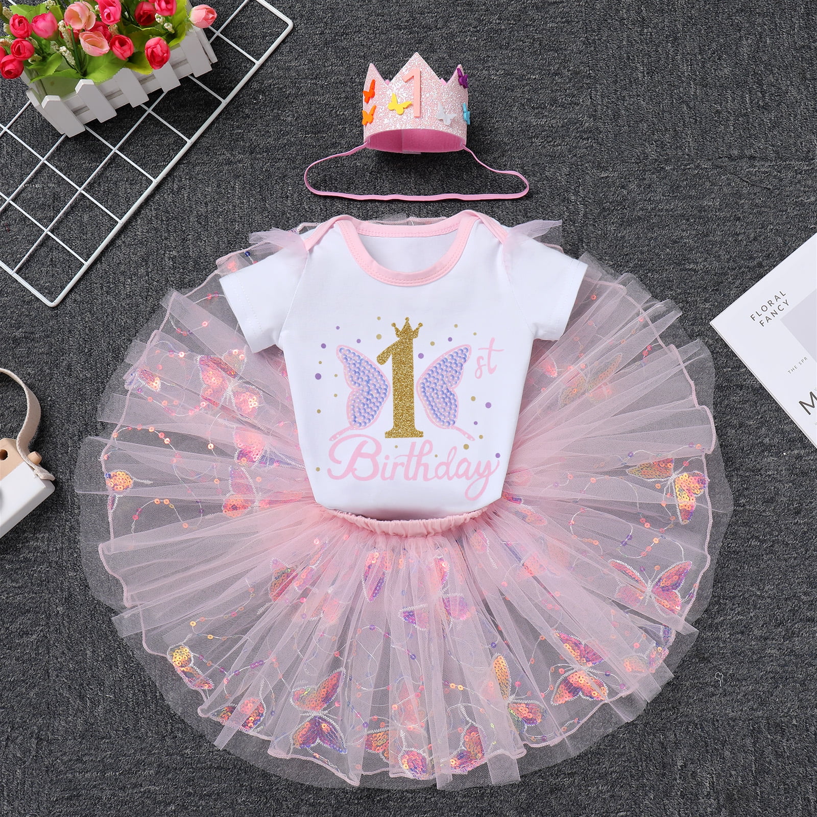IBTOM CASTLE Baby Girl 1st Birthday Outfit Sequin Butterfly Romper Tutu Skirt Headband Clothes for Cake Smash Photo Shoot 1 Year Pink Butterfly
