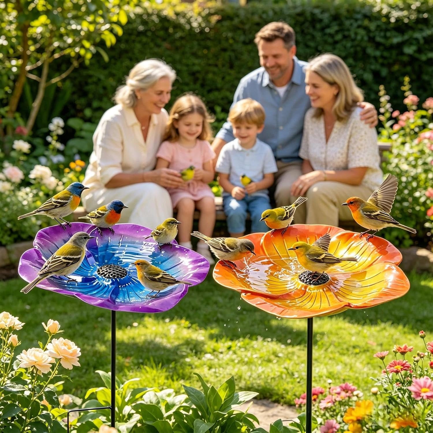 Bird Bath for Outside 24" High Metal Flower Bird Baths Bird Feeders with Stake Decorative Birdbath Bowl Freestanding Birdbaths Tray for Outdoors Garden Yard Patio Lawn Decor