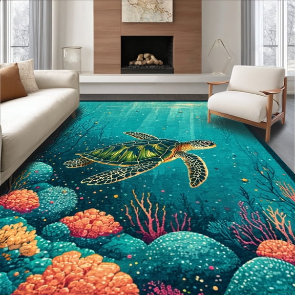 ODIKA 4'x6' Machine Washable Non-Slip Area Rug, Sea Friends Cartoon Ocean Life High Traffic Rug, Blue, 38456
