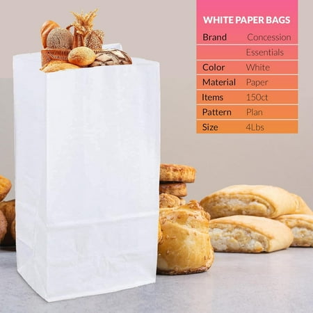 Concession Essentials 4lb White Paper Bags - Pack of 150ct. Eco-Friendly White Paper Lunch Bags. Great for Holiday Cookie Bags and Arts and Crafts.