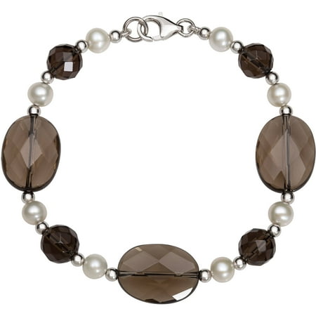 - Cultured Freshwater Pearl and Smokey Quartz Sterling Silver Link Chain Bracelet, 7.5