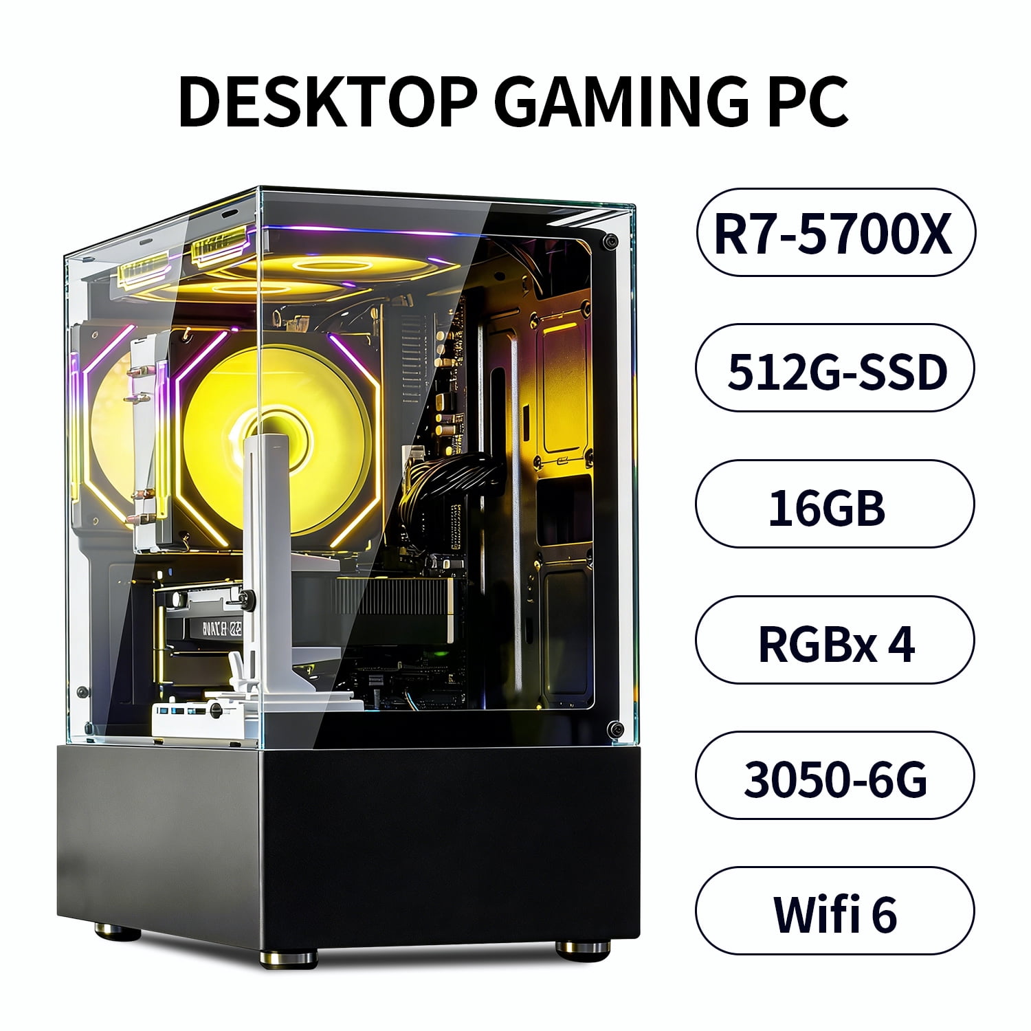 Qehi Gaming PC Desktop Ryzen 7 5700X | 16GB DDR4 RAM | GeForce RTX 3050 6GB | WIFI6 | High-Performance Gaming & Design Computer, Black Tower PC