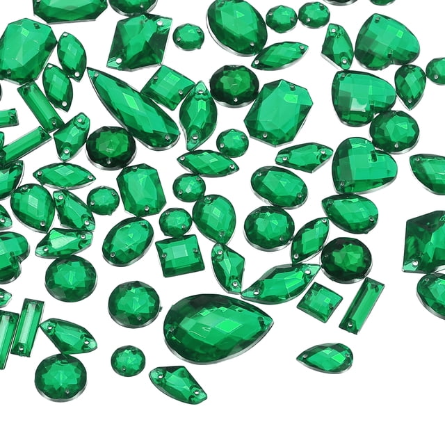 Uxcell Rhinestones para coser, gemas acrílicas de fondo plano, diamantes para manualidades de bricolaje, decoración de ropa, zapatos y bolsas - Forma mixta (200 piezas, verde oscuro)