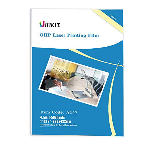 Uinkit 11x17 Laser Transparency Film OHP 50 Pack Acetate Sheets Clear  Overhead Projector Laserjet for Color Printer and Copier A3 Menu Size 