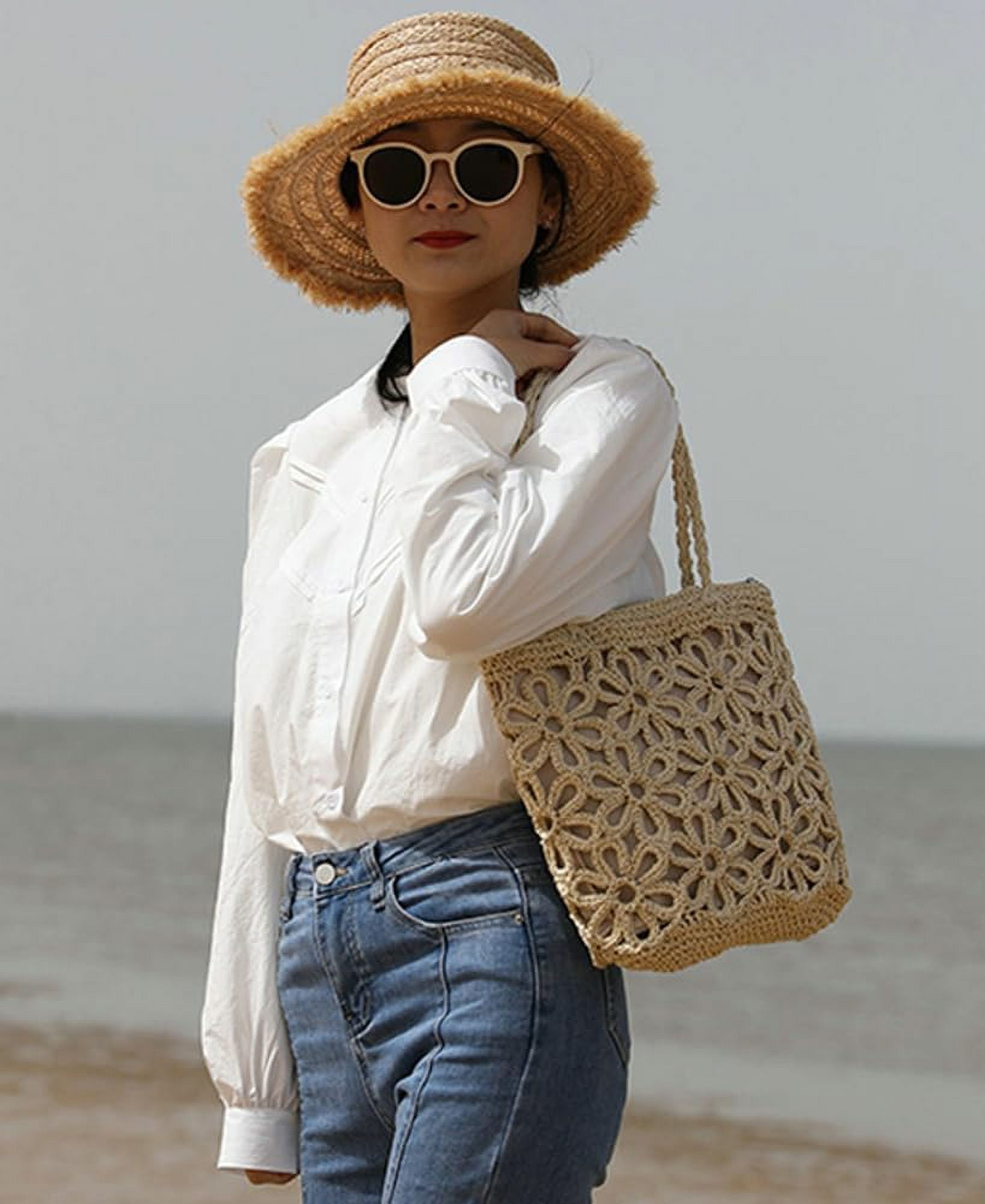 CoCoMangos Straw Woven Handbags for Women Hollow Shoulder Bag Large Flower Tote Purse Designer Top Handle Bag Beach Summer