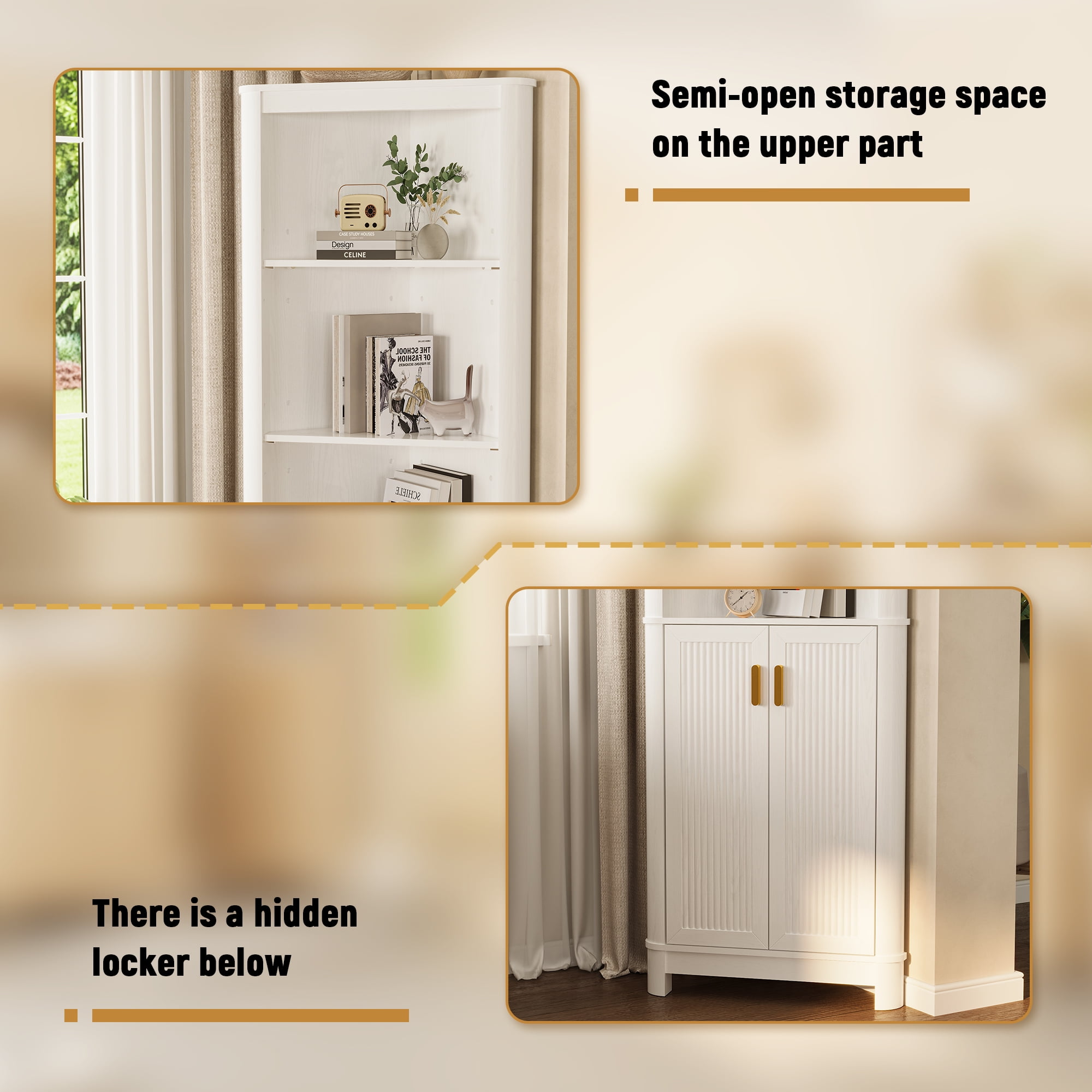 68" Tall Fluted Corner Cabinet for Bathroom, Modern Living Room & Kitchen - 5 Adjustable Shelves, Space-Saving Storage, Curved Profile Design White