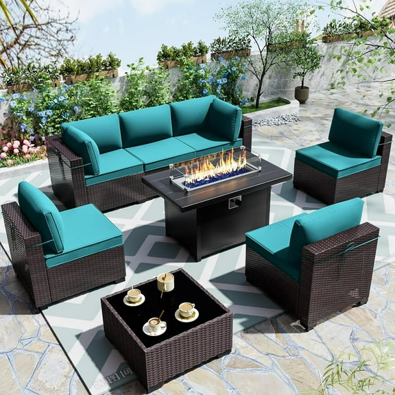 ASJMR 8 Pieces Outdoor Patio Furniture Set with Iron Fire Pit Table,Outside PE Rattan Wicker Sectional Sofa Conversation Sets with Green Cushions