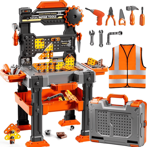 Caunedy 156PCS Pretend Construction Toy Set with Drill, Kids Toy Workbench Playset Tools for Kids Ages 3 4 5 6 7 8 Years Old, Ideal Birthday Gifts for Boys