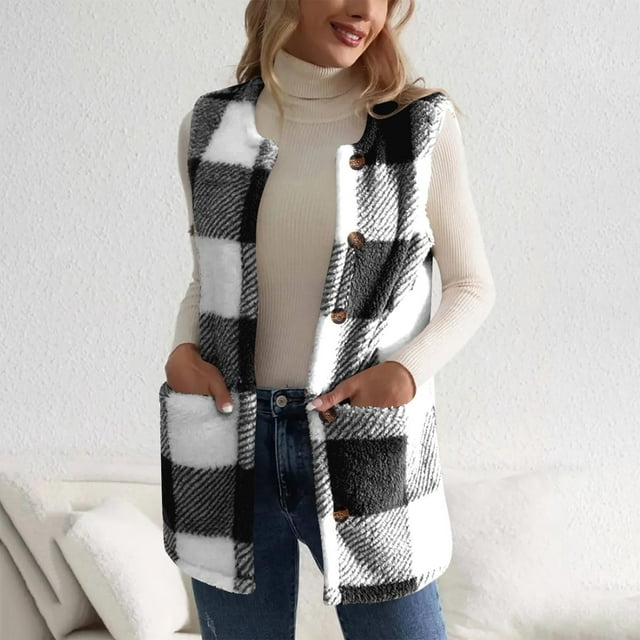 NJDVHB Womens Winter Casual Tops ,Women'S Winter Checkered Pocket Color-Blocked Button Jacket Top