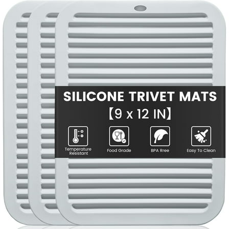 3 PCS Silicone Trivets for Hot Pots and Pans 9"x12" Heat Resistant Mat Hot Pads for Kitchen Quartz Countertops - Dish Drying Mat Non-Slip Potholders Pot Holders Trivets for Hot Dishes - Gray